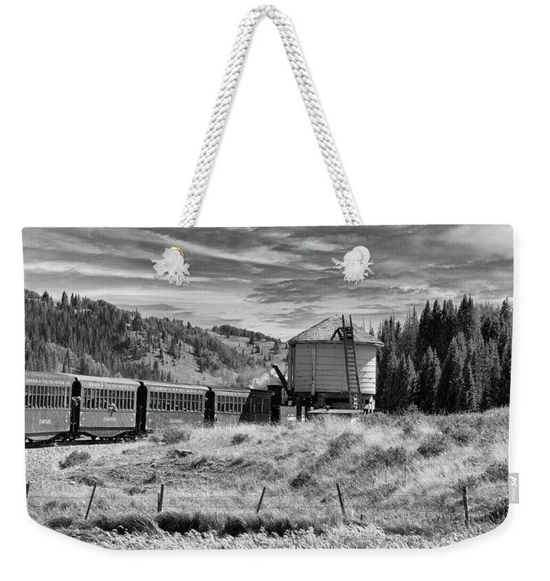 Train Weekender Tote Bag featuring the photograph Water Stop in Black and White by Steve Templeton