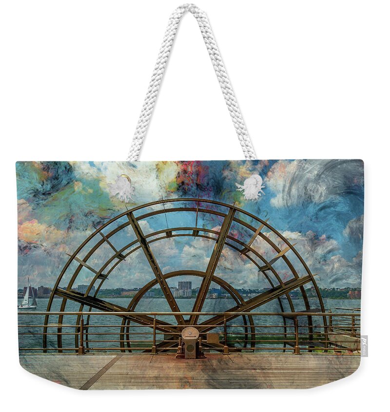 Hudson River Weekender Tote Bag featuring the photograph Water Wheel at Pier 66 by Cate Franklyn