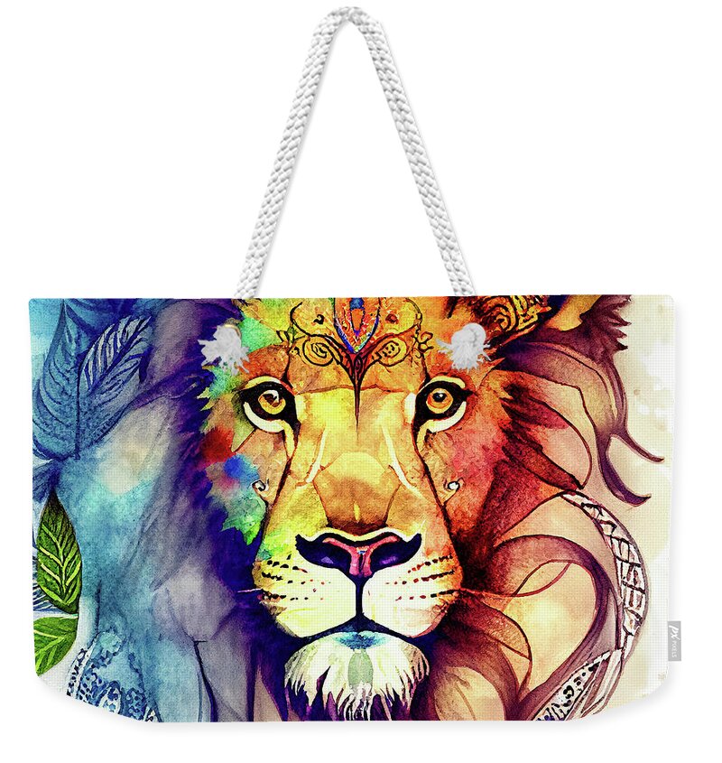 Lion Weekender Tote Bag featuring the digital art Watercolor Animal 02 Lion Portrait by Matthias Hauser