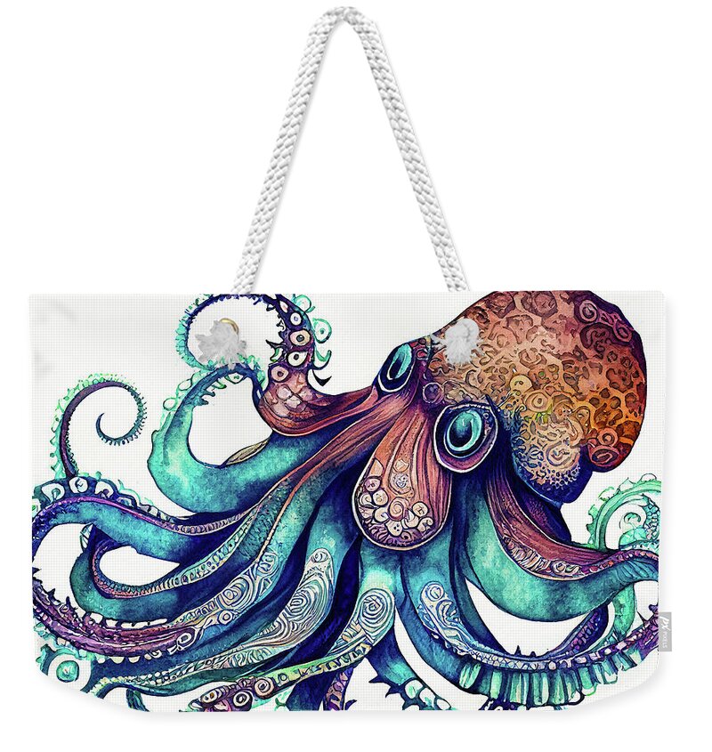 Octopus Weekender Tote Bag featuring the digital art Watercolor Animal 05 Octopus by Matthias Hauser