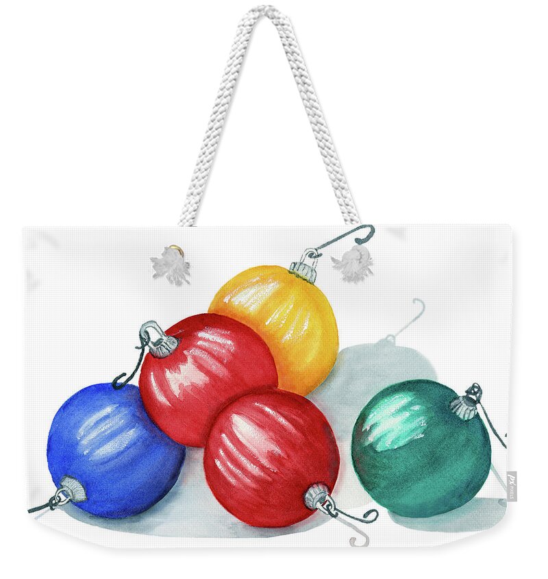 Christmas Weekender Tote Bag featuring the painting Watercolor Art Print Christmas Ornaments by Deborah League