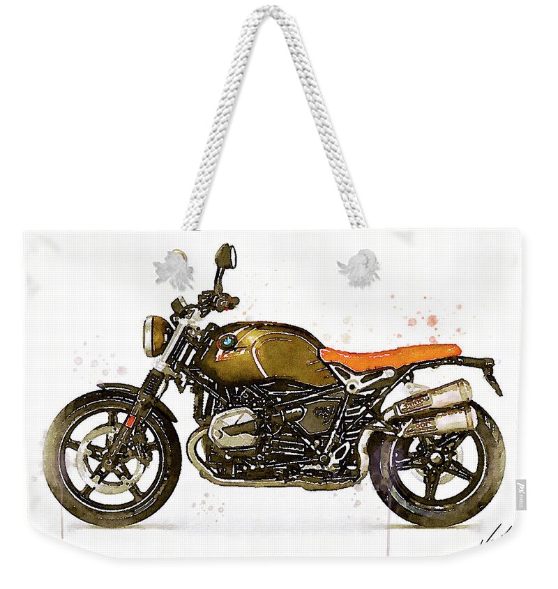 Motorbike Paitning Weekender Tote Bag featuring the painting Watercolor BMW NineT SCRAMBLER motorcycle - oryginal artwork by Vart. by Vart