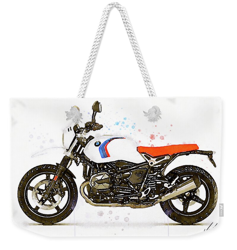 Motorbike Paitning Weekender Tote Bag featuring the painting Watercolor BMW NineT URBAN motorcycle - oryginal artwork by Vart. by Vart