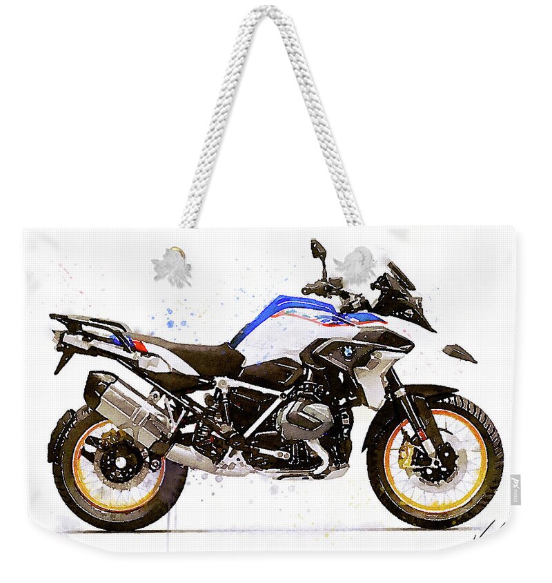 Motorcycle Weekender Tote Bag featuring the painting Watercolor BMW R1250GS motorcycle - oryginal artwork by Vart by Vart