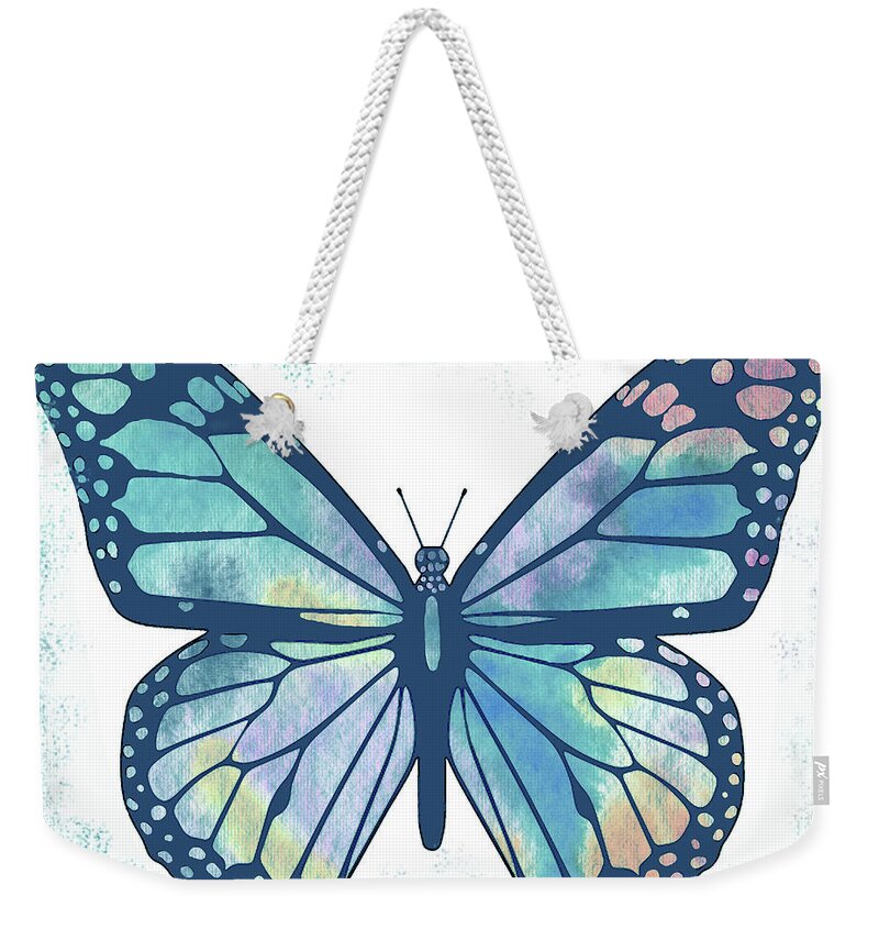 Butterflies Weekender Tote Bag featuring the painting Watercolor Butterfly In Teal Blue Sky V by Irina Sztukowski