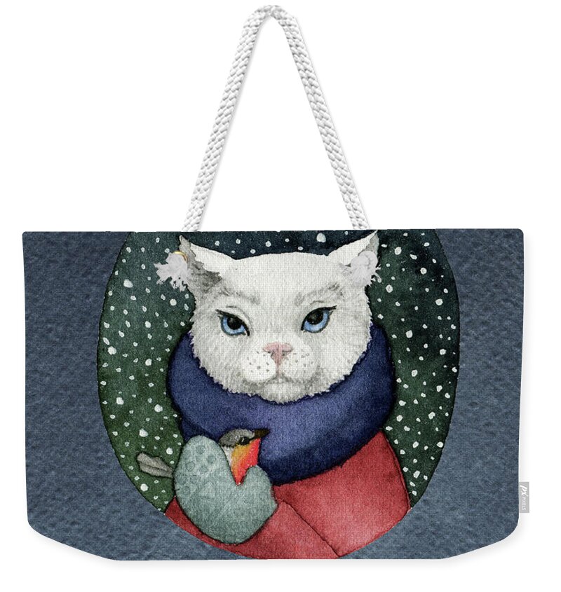 Cat Weekender Tote Bag featuring the painting Watercolor Cat Winter Christmas Holiday by Modern Art