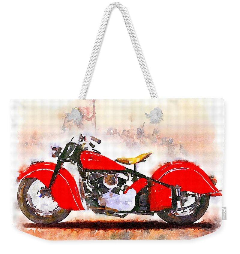 Watercolor Weekender Tote Bag featuring the painting Watercolor Classic Indian motorcycle by Vart by Vart