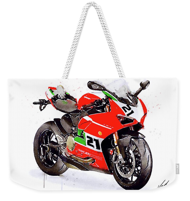 Sport Weekender Tote Bag featuring the painting Watercolor Ducati Panigale V2 Bayliss motorcycle, oryginal artwork by Vart. by Vart Studio