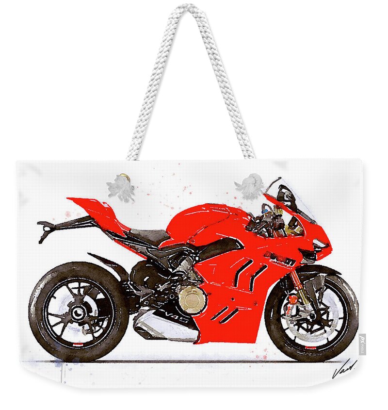 Sport Weekender Tote Bag featuring the painting Watercolor Ducati Panigale V4S 2022 motorcycle - oryginal artwork by Vart. by Vart Studio