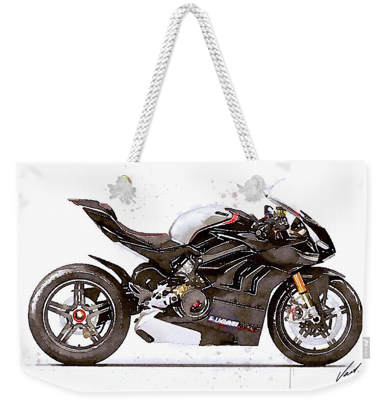 Sport Weekender Tote Bag featuring the painting Watercolor Ducati Panigale V4SP 2022 motorcycle, oryginal artwork b by Vart Studio