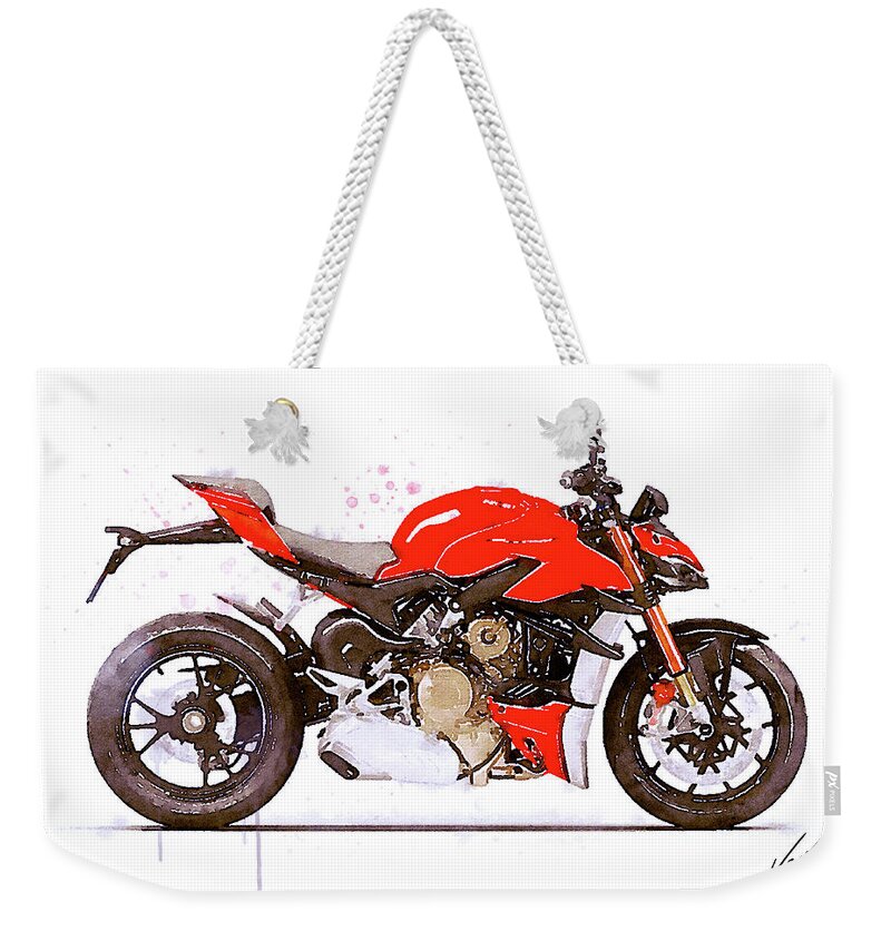 Motorcycle Weekender Tote Bag featuring the painting Watercolor Ducati Streetfighter motorcycle - oryginal artwork by Vart. by Vart