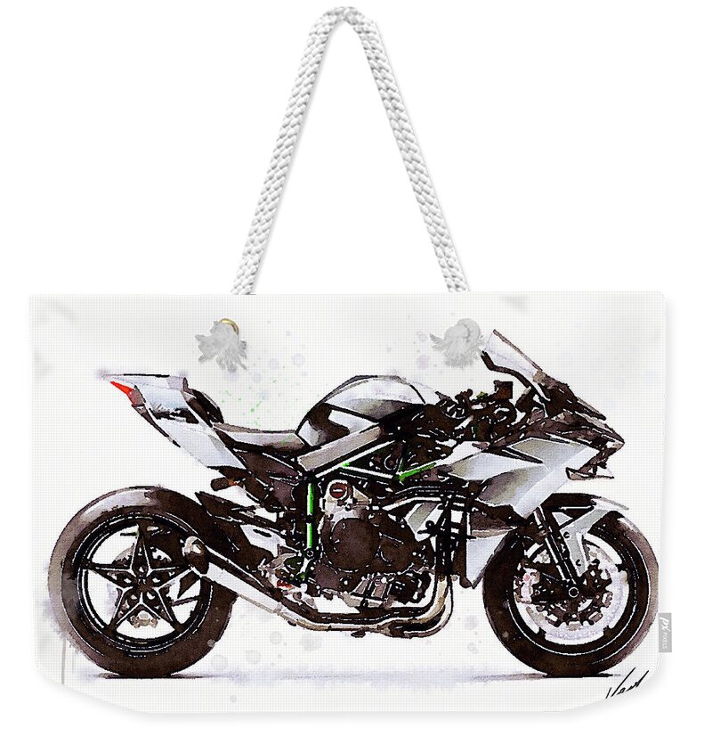 Sport Weekender Tote Bag featuring the painting Watercolor Kawasaki Ninja H2R motorcycle - orygin by Vart Studio