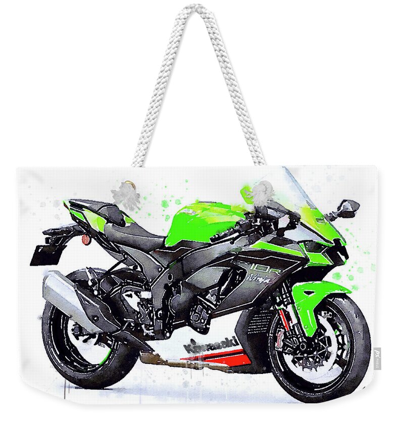 Sport Weekender Tote Bag featuring the painting Watercolor Kawasaki Ninja ZX10R motorcycle - oryginal artwork by Va by Vart Studio