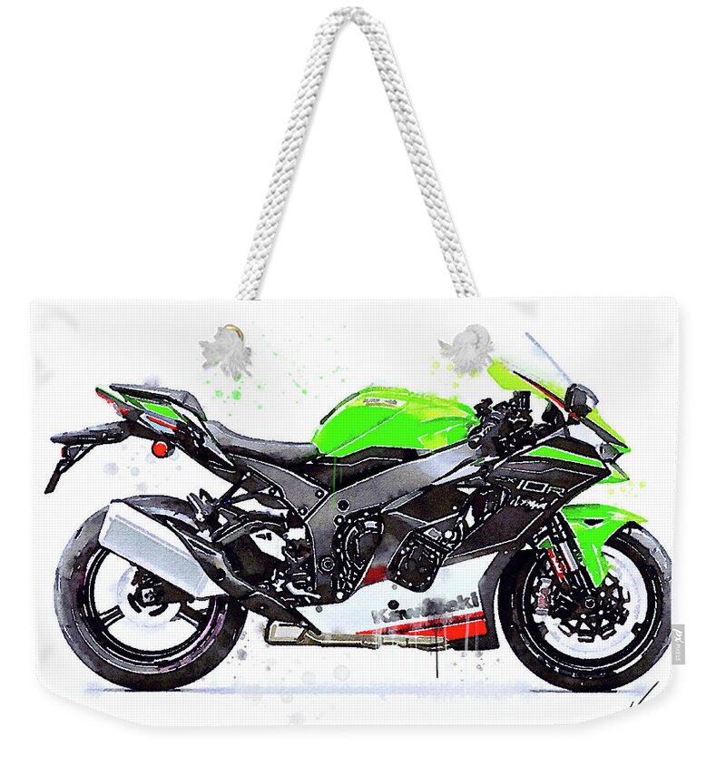 Sport Weekender Tote Bag featuring the painting Watercolor Kawasaki Ninja ZX10R motorcycle - oryginal artwork by Vart. by Vart Studio