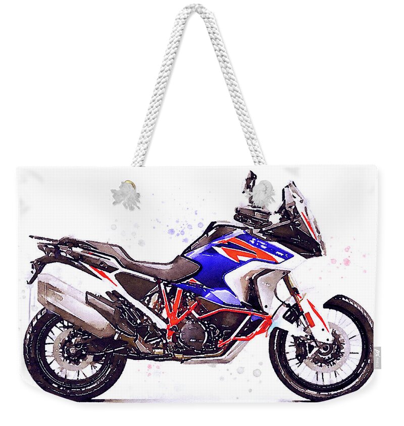 Motorcycle Weekender Tote Bag featuring the painting Watercolor KTM 1290 SUPER ADVENTURE R motorcycle - oryginal artwork by Vart. by Vart