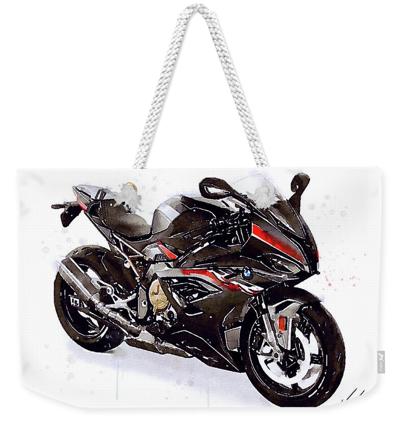 Sport Weekender Tote Bag featuring the painting Watercolor Motorcycle BMW S1000RR black 2022 - original artwork by Vart. by Vart Studio