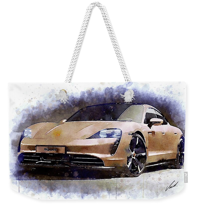 Watercolor Weekender Tote Bag featuring the painting Watercolor Porsche Taycan - oryginal artwork by Vart. by Vart Studio