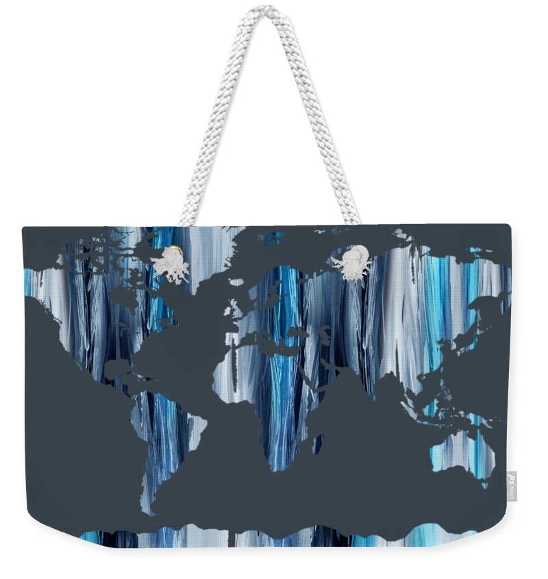 Blue Weekender Tote Bag featuring the painting Watercolor Silhouette World Map Colorful PNG XXXVII by Irina Sztukowski