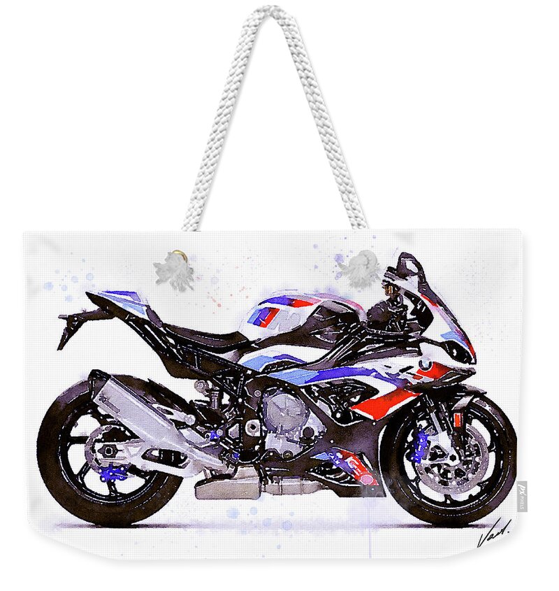 Sport Weekender Tote Bag featuring the painting Watercolor Sport Motorcycle BMW S1000RR - original artwork by Vart. by Vart Studio
