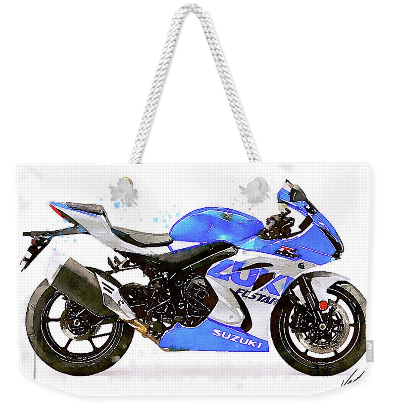 Sport Weekender Tote Bag featuring the painting Watercolor Suzuki GSX-R 1000 motorcycle - oryginal artwork by Vart. by Vart Studio