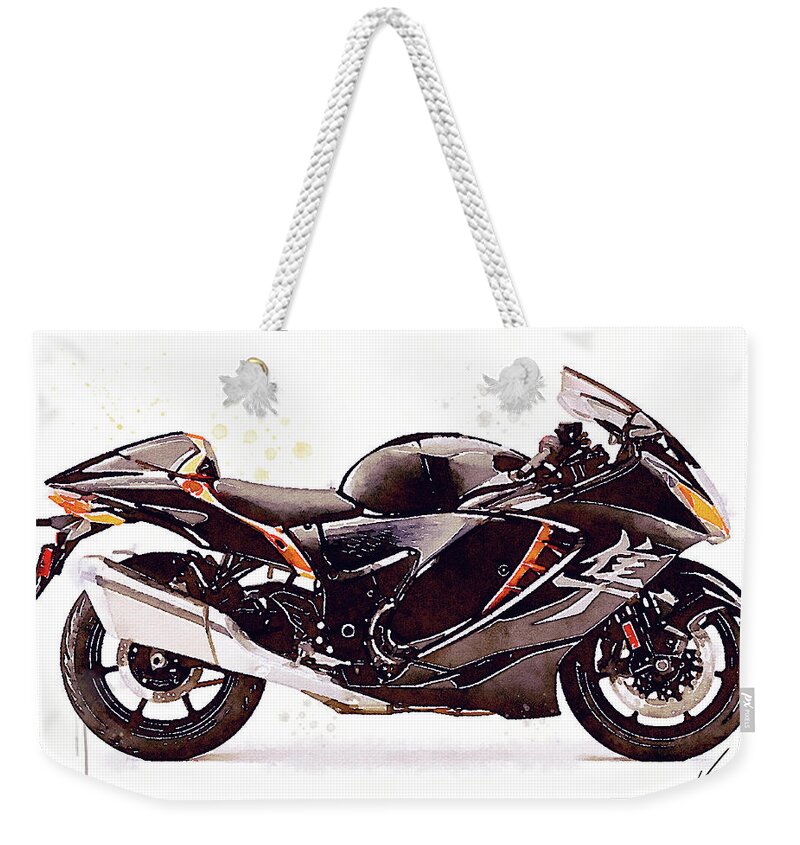 Sport Weekender Tote Bag featuring the painting Watercolor Suzuki Hayabusa GSX 1300R motorcycle - oryginal artwork by Vart. by Vart Studio