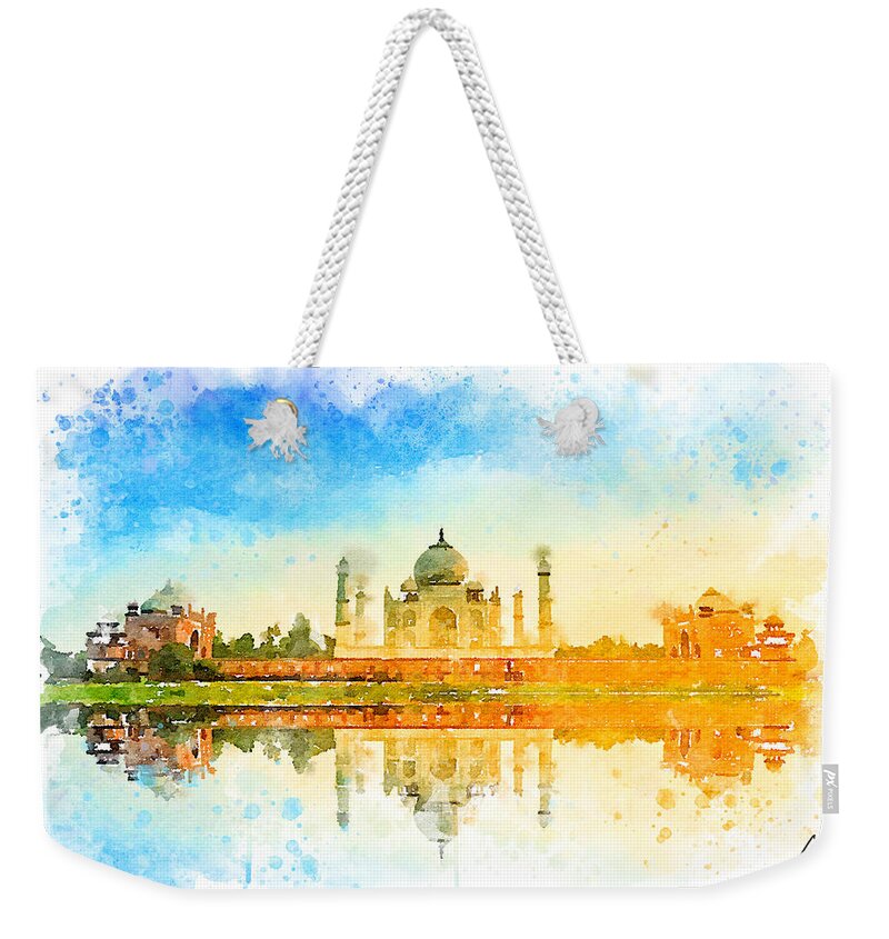 Watercolor Weekender Tote Bag featuring the painting Watercolor Tajmahal, India by Vart by Vart Studio