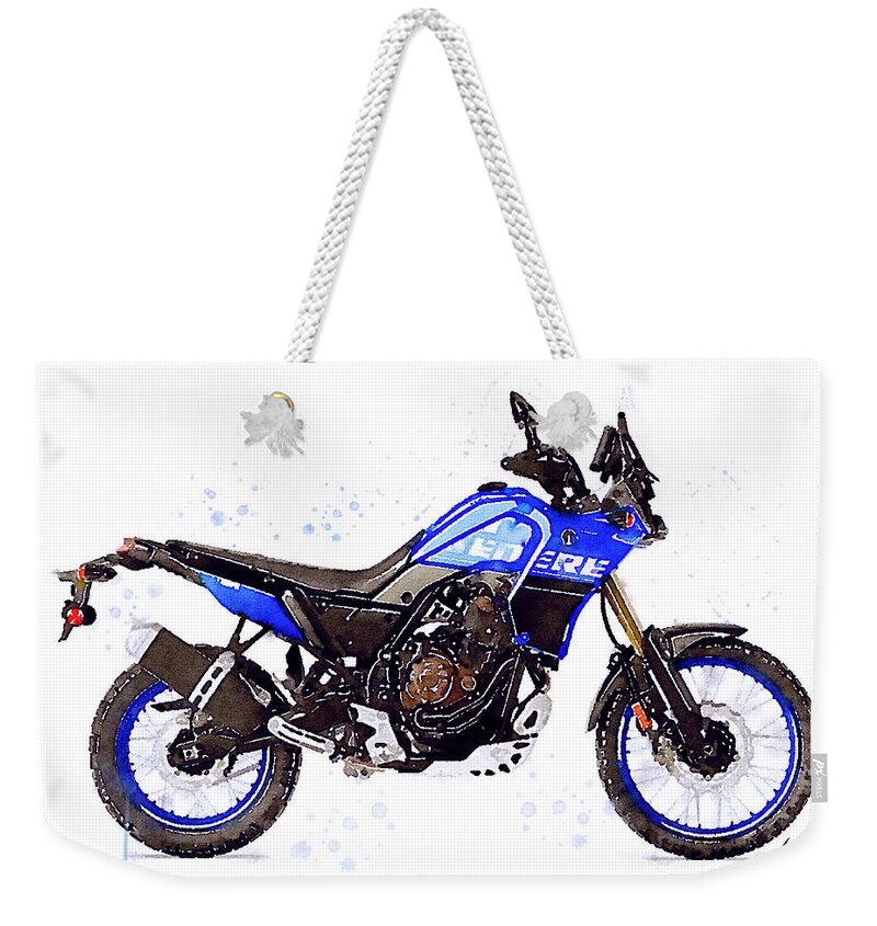 Adventure Weekender Tote Bag featuring the painting Watercolor Yamaha Tenere 700 blue motorcycle - oryginal artwork by Vart. by Vart Studio