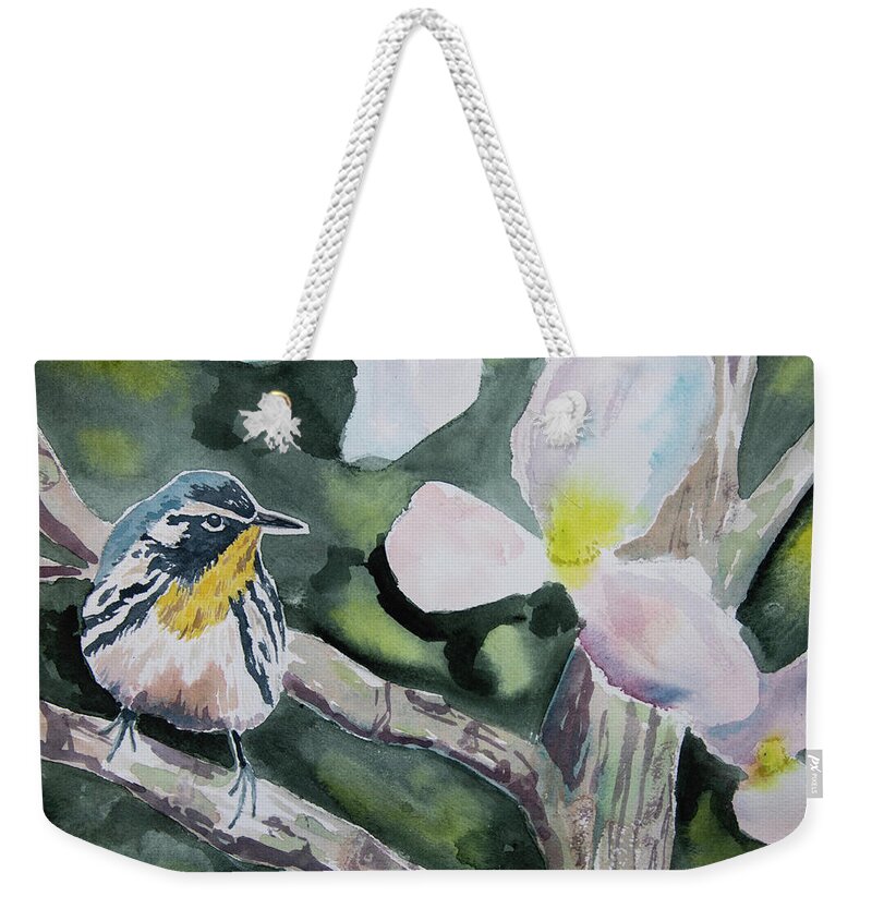 Yellow-throated Warbler Weekender Tote Bag featuring the painting Watercolor - Yellow-throated Warbler with Magnolia by Cascade Colors