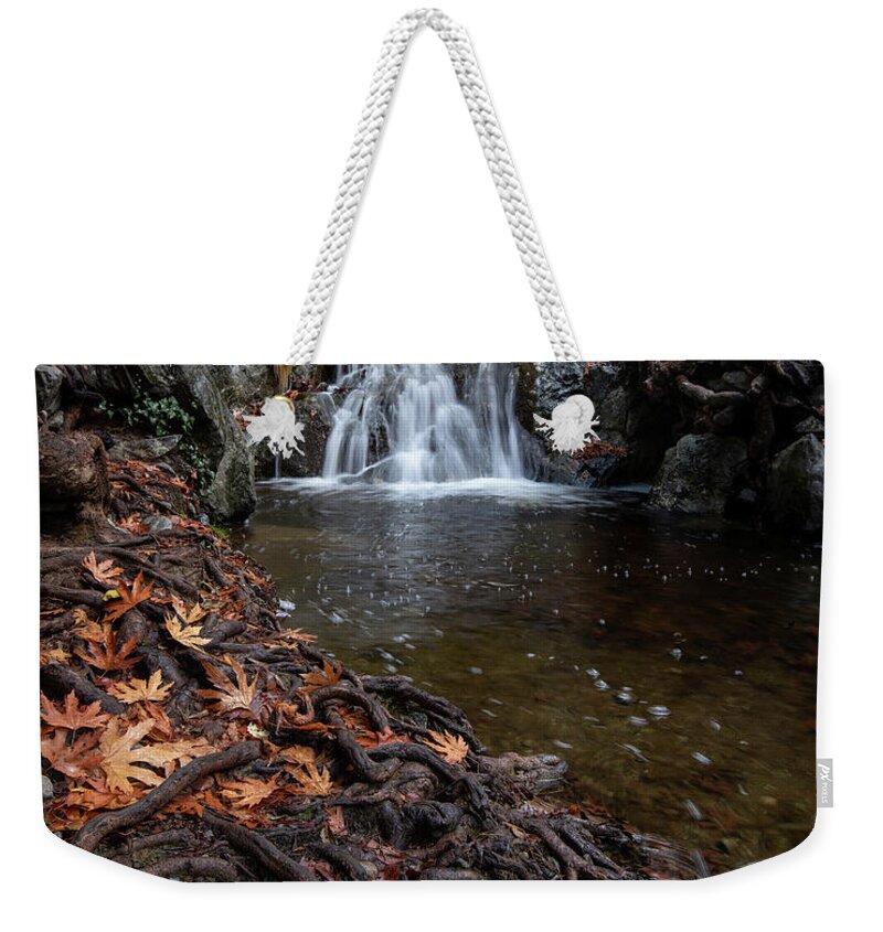 Waterfall Weekender Tote Bag featuring the photograph Waterfall in autumn. by Michalakis Ppalis
