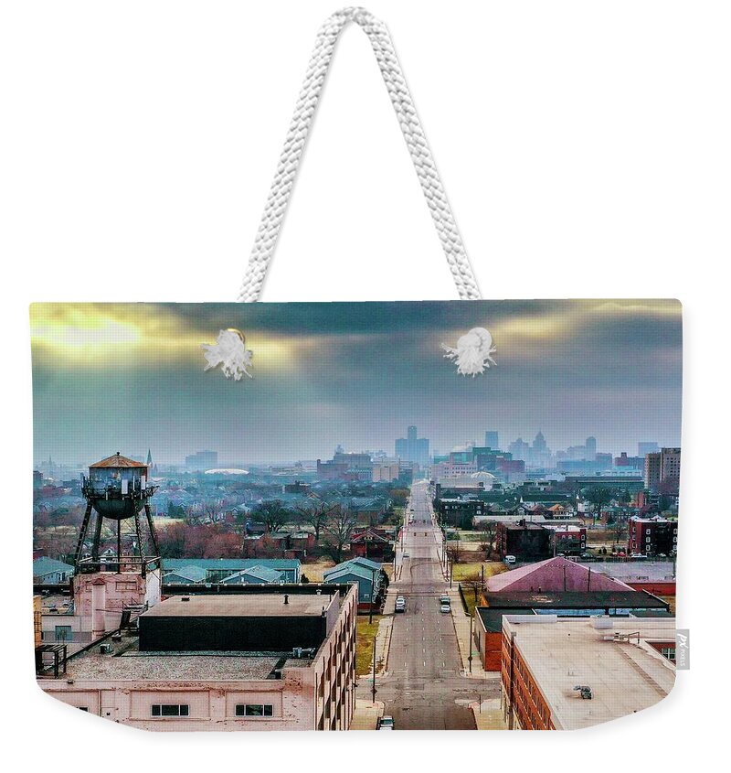Detroit Weekender Tote Bag featuring the photograph Watertower Skyline V2 DJI_0690 by Michael Thomas
