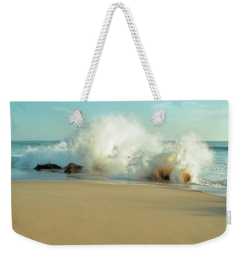 Beach Waves Weekender Tote Bag featuring the photograph Wave and Rocks in Salgado Beach by Angelo DeVal