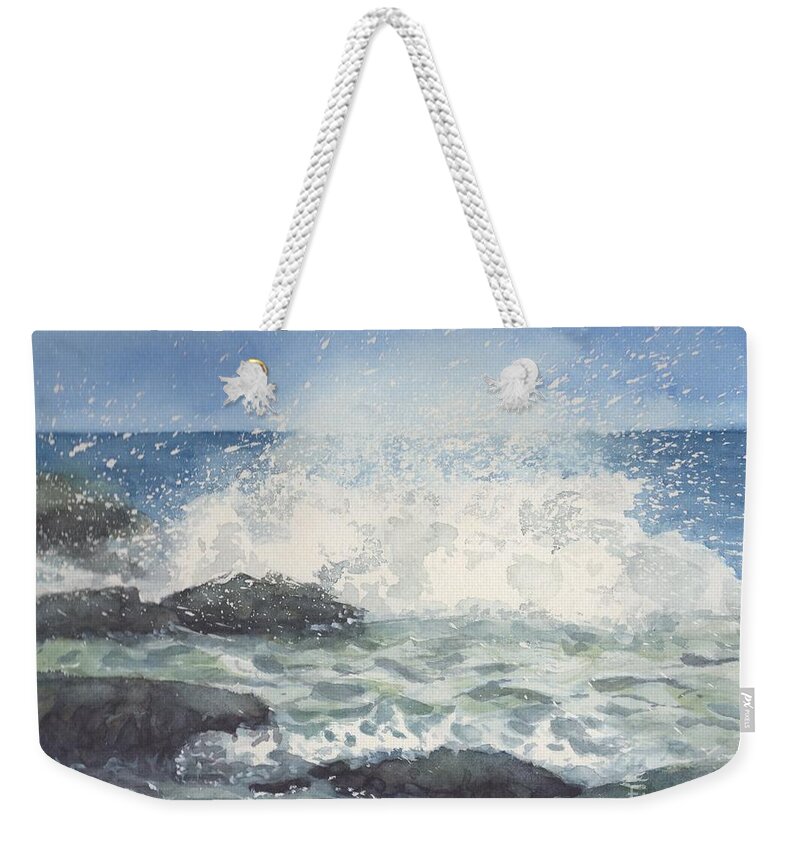 Wave Crashing On Rocks Weekender Tote Bag featuring the painting Wave Crash by Vicki B Littell