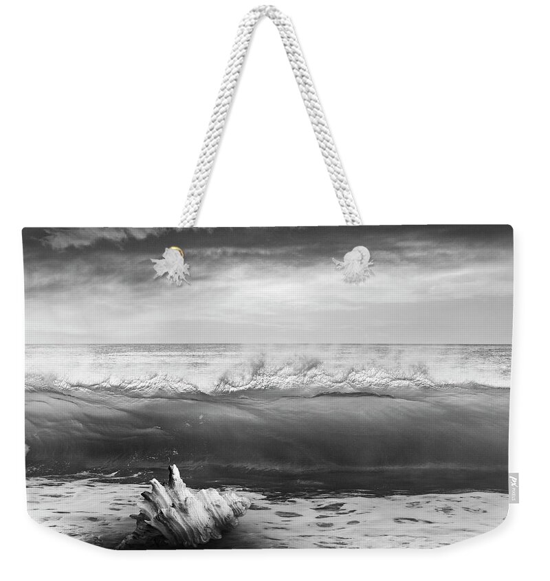 Clouds Weekender Tote Bag featuring the photograph Waves and Shells III Black and White by Debra and Dave Vanderlaan
