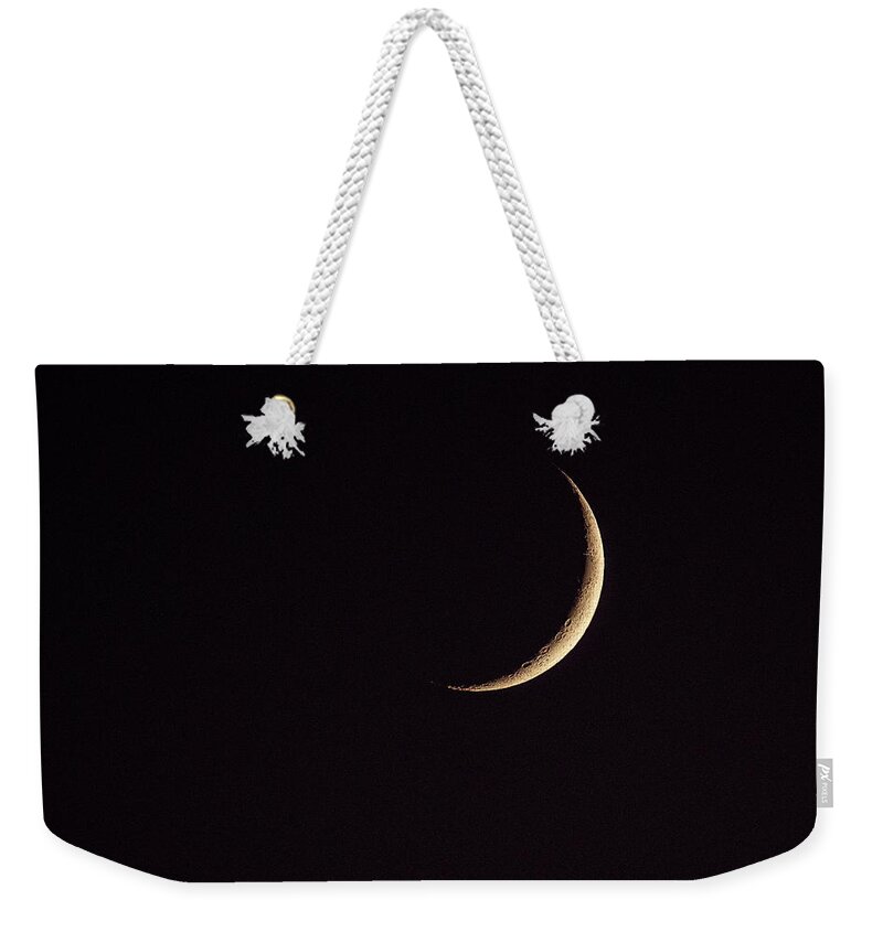 Waxing Weekender Tote Bag featuring the photograph Waxing Crescent Moon by Denise Kopko