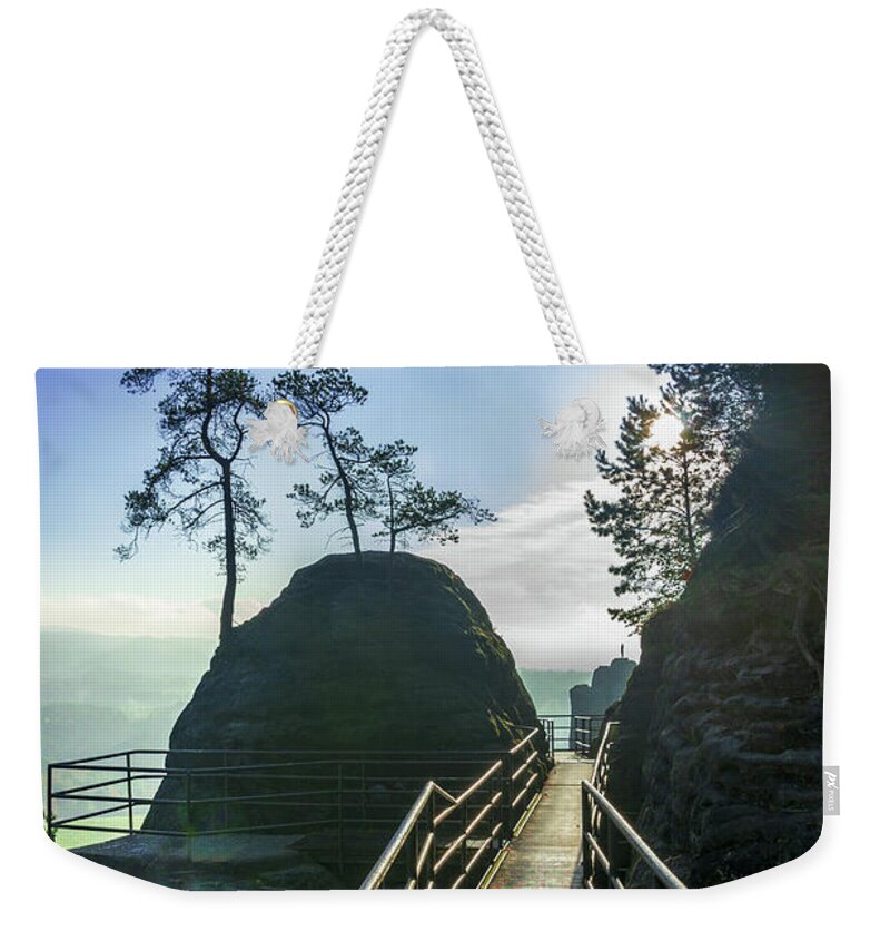 Saxon Switzerland Weekender Tote Bag featuring the photograph Way into the light on Neurathen Castle by Sun Travels