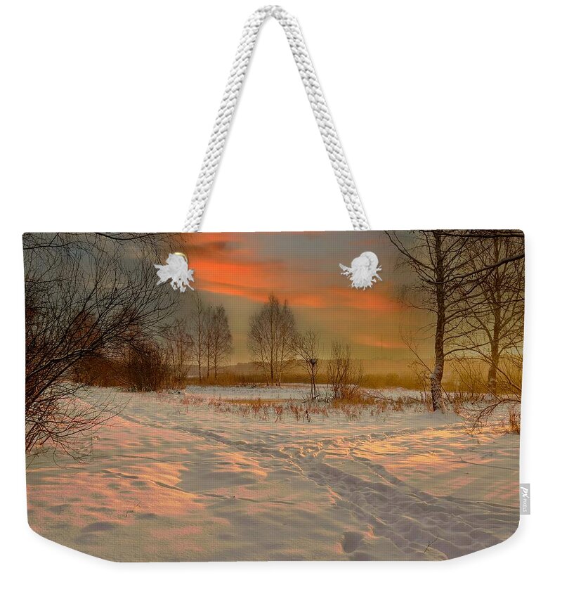 Landscape Photography Weekender Tote Bag featuring the photograph Way To The Winter Sunrise in Jurmala by Aleksandrs Drozdovs