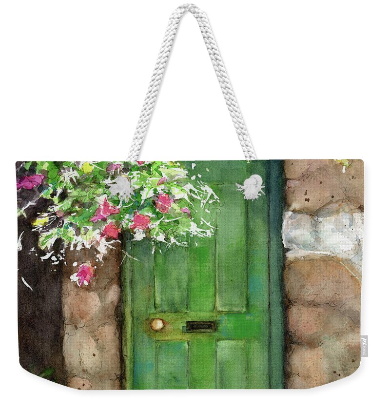 Painting Weathered Door Weekender Tote Bag featuring the painting Weathered door and flowers by Rebecca Matthews