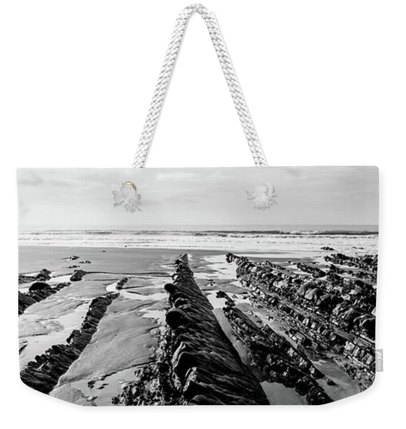 Coast Weekender Tote Bag featuring the photograph Welcombe Mouth beach North Devon South West Coast Path black and white by Sonny Ryse