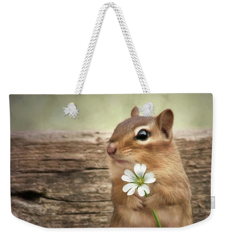 Chipmunk Weekender Tote Bag featuring the mixed media Welcome Spring by Lori Deiter