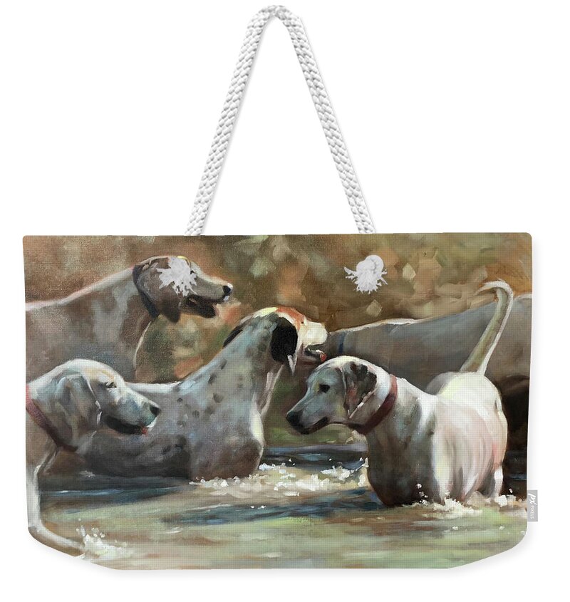 Hounds Dogs Dog Foxhunt Foxhounds Hunt Water Wading Playing Contemporary Art Painting Realism Weekender Tote Bag featuring the painting Well Hello by Susan Bradbury