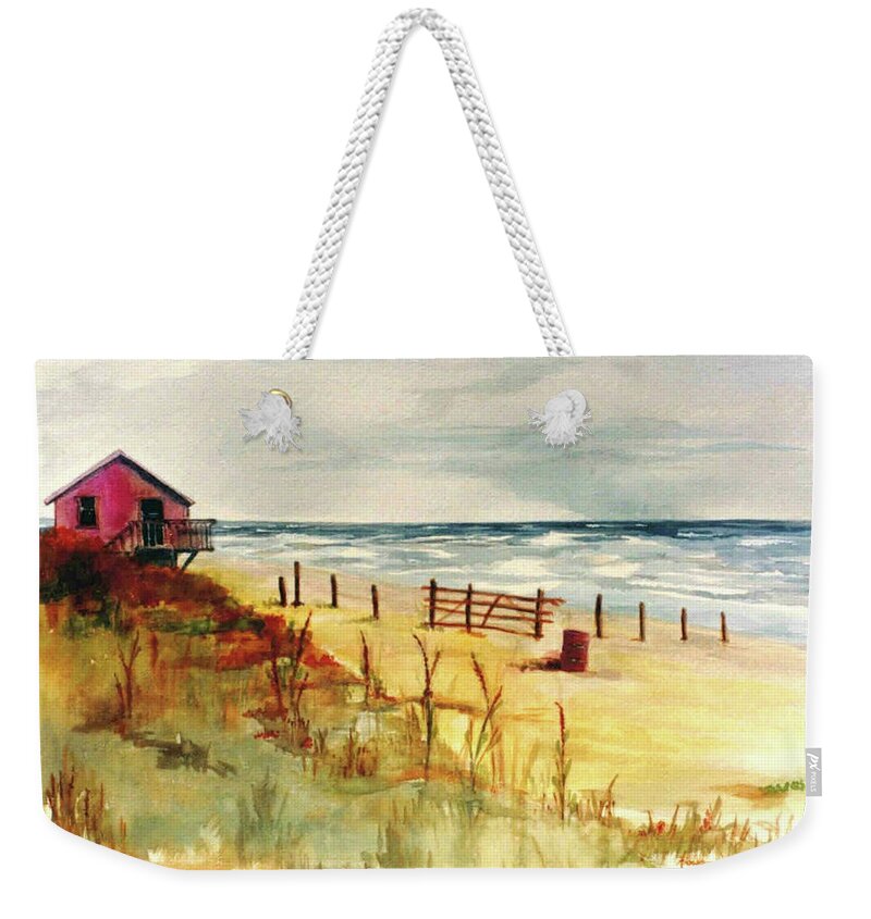 Beach Weekender Tote Bag featuring the painting West Beach In October, Galveston Island, Texas by Adele Bower