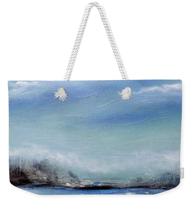 Blue Green Black Grey White Islands Water Sea Waves Seascape Clouds Wind Rough Fog Sky Expressionistic Abstract Weekender Tote Bag featuring the painting West Coast Day by Ida Eriksen