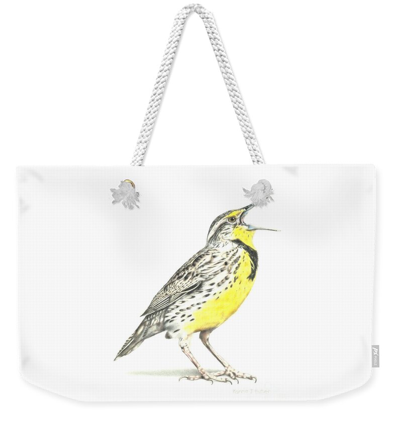 Meadowlark Weekender Tote Bag featuring the drawing Western Meadowlark by Karrie J Butler