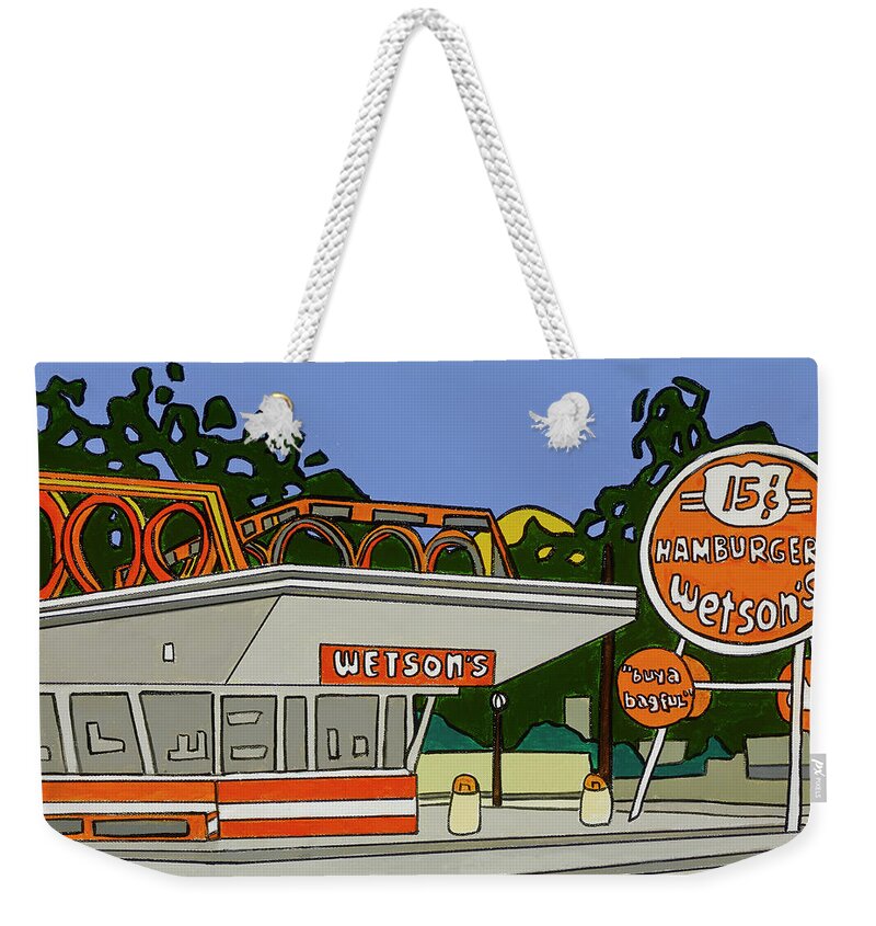 Wetson's Hamburgers French Fries Hamburger Chain Weekender Tote Bag featuring the painting Wetson's by Mike Stanko