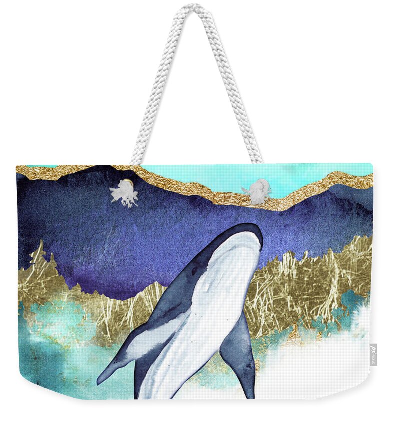 Blue Whale Weekender Tote Bag featuring the painting Whale And Moon by Garden Of Delights