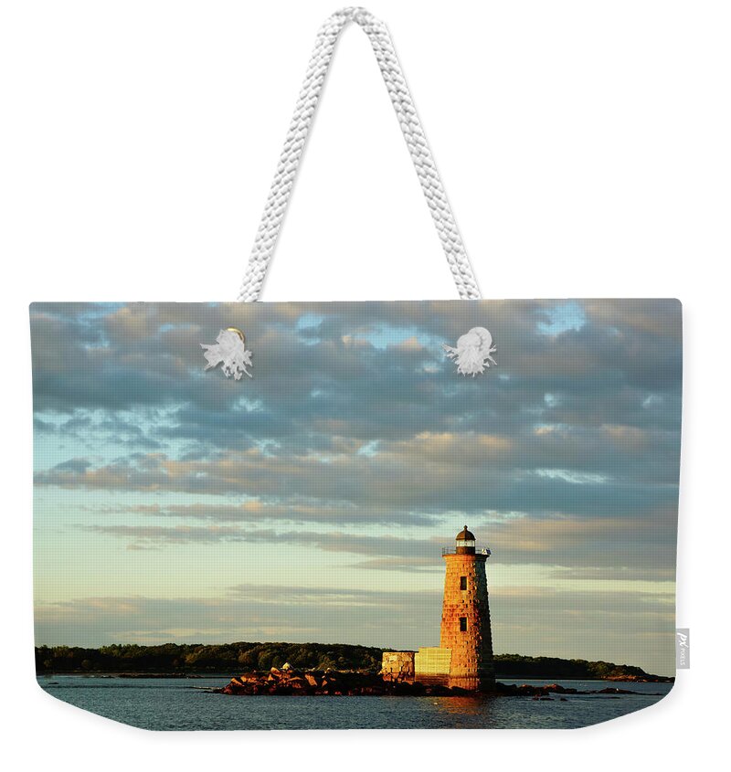 Whaleback Lighthouse Weekender Tote Bag featuring the photograph Whaleback Lighthouse - Sunset by Deb Bryce