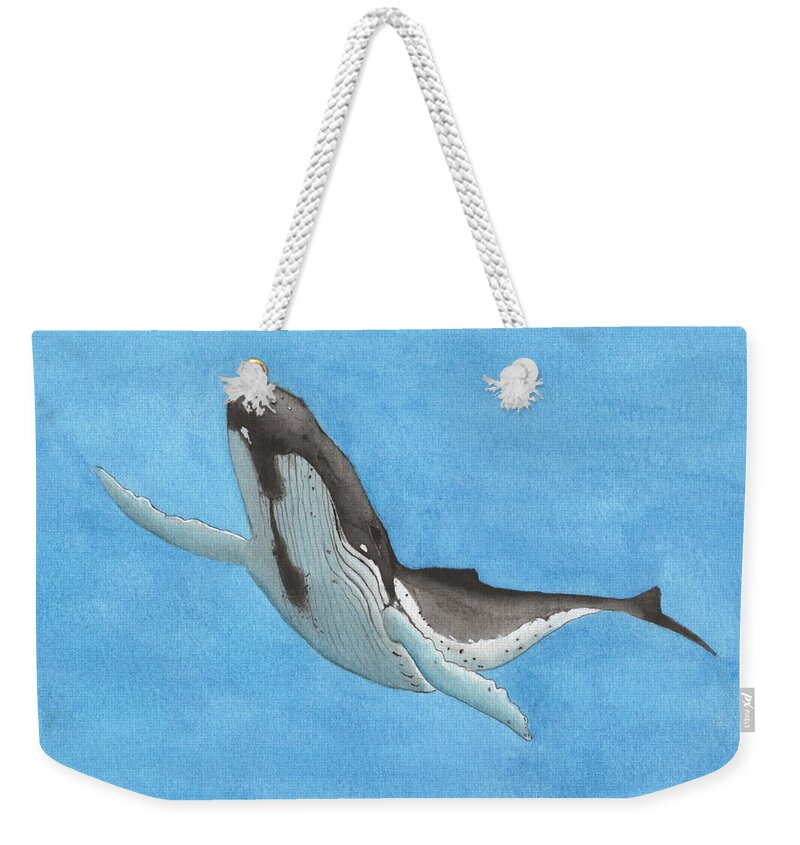 Whale In Blue Weekender Tote Bag featuring the painting Whale in Blue by Bob Labno
