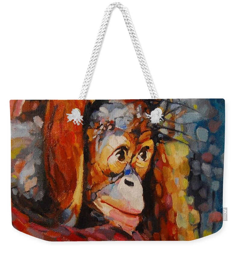 Primate Weekender Tote Bag featuring the painting What I Saw At The Zoo by Jean Cormier