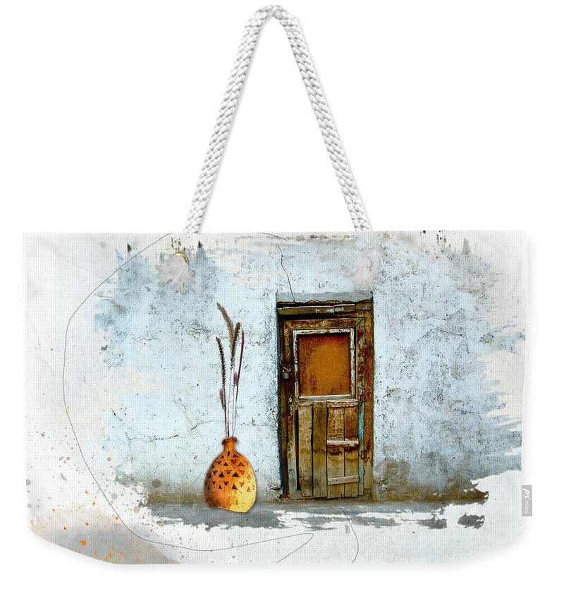 Old Weekender Tote Bag featuring the mixed media What Lies Behind this Locked Door? by Moira Law