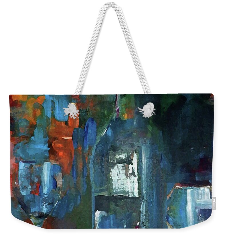 Grunge Weekender Tote Bag featuring the painting What Was Left Behind Empty Wine Bottle by Lisa Kaiser
